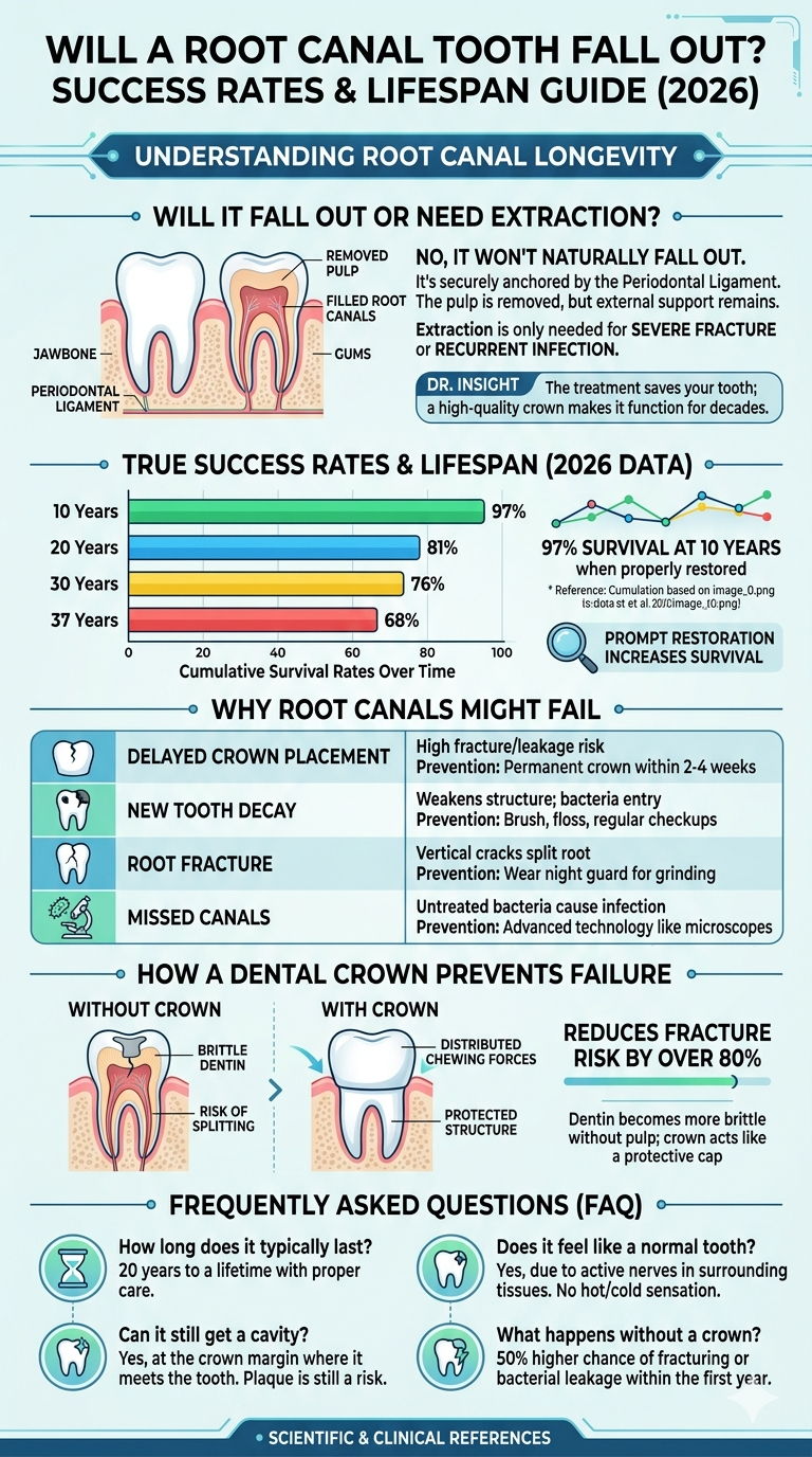 An informative, vertically oriented infographic titled "Will a Root Canal Tooth Fall Out? Success Rates & Lifespan" designed in a clean, modern, medical-professional style using a color palette of deep teal, white, slate gray, and accent green. 

The infographic is structured into five distinct, alternating light and dark horizontal sections separated by clean dividers:

1. Header Section (Deep Teal Background):
• Title: "Will a Root Canal Tooth Fall Out?" in bold, clean white sans-serif typography.
• Subtitle: "Understanding Success Rates & Longevity" in lighter text.
• Core Answer: A central callout box stating: "No. A root canal tooth will not naturally fall out. It remains securely anchored to your jawbone by the periodontal ligament, even though the internal nerve is removed."

2. Success Rates & Lifespan (Light Gray Background):
• Section Title: "Long-Term Survival Rates"
• Visual Chart: A horizontal lollipop chart illustrating the cumulative survival rates of root-canal-treated teeth over time:
  - 10 Years: 97% survival (highlighted with a bright green node)
  - 20 Years: 81% survival
  - 30 Years: 76% survival
  - 37 Years: 68% survival
• Note: A brief text block explaining that prompt restoration significantly maximizes these percentages.

3. Why Do Root Canals Fail? (White Background):
• Section Title: "Primary Causes of Failure"
• Grid Layout: A clean 2x2 grid detailing why a treated tooth might eventually fail or require extraction:
  - Box 1: "Delayed Crown Placement" – Causes a high risk of fractures and bacterial leakage.
  - Box 2: "New Tooth Decay" – Weakens the remaining outer tooth structure.
  - Box 3: "Root Fracture" – Vertical cracks that split the root system under pressure.
  - Box 4: "Missed Canals" – Untreated anatomy where bacteria continue to hide.

4. The Role of a Dental Crown (Deep Teal Background):
• Section Title: "How a Crown Protects the Tooth"
• Key Statistic: A large, bold callout stating "Reduces Fracture Risk by Over 80%".
• Analogy & Explanation: An illustrative note explaining that a root canal tooth becomes brittle over time (like a dried branch) because its internal moisture supply is removed. A permanent crown acts like a protective cap, encasing the tooth to distribute chewing forces evenly and prevent splits.

5. Quick Care Tips & FAQ Footer (White Background):
• A small section with bullet points for long-term survival:
  - Place a permanent crown within 2 to 4 weeks of treatment.
  - Maintain excellent oral hygiene (brushing twice daily and flossing around the crown margin).
  - Wear a night guard if you grind your teeth.
• Bottom Margin: Contains small, clean text citing data from the American Association of Endodontists and the Journal of Endodontics.