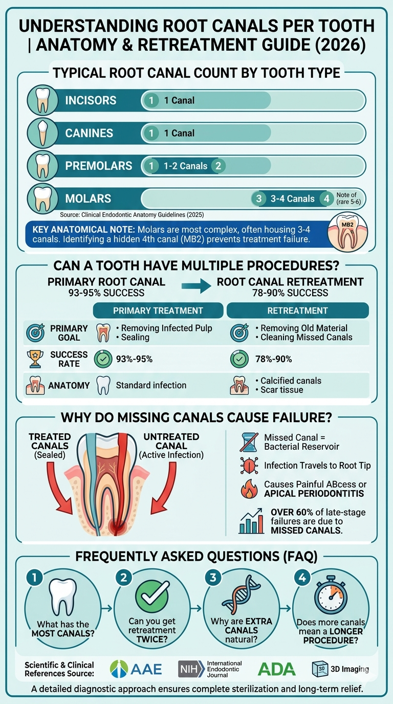 # INFOGRAPHIC BLUEPRINT: PORTRAIT LAYOUT
# Theme: Clean, Professional, Clinical Modern (Teal, Slate Blue, and Light Gray)

---------------------------------------------------------------------------------
[HEADER SECTION]
---------------------------------------------------------------------------------
Background: Crisp White / Light Teal Gradient Accent

Title: UNDERSTANDING ROOT CANAL ANATOMY
Subtitle: How Many Channels Are Hidden Inside Your Teeth? (2026 Clinical Guide)

---------------------------------------------------------------------------------
[SECTION 1: THE CORE ANATOMY - CANAL COUNT BY TOOTH TYPE]
---------------------------------------------------------------------------------
Visual Element: Clean, minimalist vector icons of different teeth types 
arranged vertically with a horizontal progress bar indicating canal counts.

● INCISORS & CANINES (Front Teeth)
  └── [Bar Indicator: 1 Canal █░░░]
  └── Note: Almost always feature a single, straightforward canal.

● PREMOLARS (Mid-Mouth Teeth)
  └── [Bar Indicator: 1 - 2 Canals ██░░]
  └── Note: Anatomical variation depends on genetics and location.

● MOLARS (Back Teeth)
  └── [Bar Indicator: 3 - 4+ Canals ████]
  └── Note: Highly complex networks. Often contains a hidden 4th channel 
      (the MB2 canal) which requires specialized high magnification to spot.

---------------------------------------------------------------------------------
[SECTION 2: CAN A TOOTH HAVE MULTIPLE PROCEDURES?]
---------------------------------------------------------------------------------
Visual Element: Side-by-side comparative split card.

PRIMARY ROOT CANAL                   VS.     ROOT CANAL RETREATMENT
-----------------------------------          -----------------------------------
• Goal: Clean infected pulp                  • Goal: Clear old filler & find missed canals
• Success Rate: 93% - 95%                    • Success Rate: 78% - 90%
• Complexity: Active infection               • Complexity: Hardened paste/calcified walls

[⚠️ Clinical Caution Box]
"Retreatment is highly successful but cannot be done indefinitely. 
Repeatedly shaving internal dentin walls weakens the tooth structure, 
making it susceptible to fractures."

---------------------------------------------------------------------------------
[SECTION 3: THE RISK OF THE 'MISSED CANAL']
---------------------------------------------------------------------------------
Visual Element: Flow progression layout using warning accent colors (Soft Crimson)

[ Step 1: Undetected Canal ] ──> [ Step 2: Bacterial Reservoir ] ──> [ Step 3: Apical Periodontitis ]

• The Statistic: Missed root canals account for over 60% of late-stage treatment failures.
• The Reality: Even if 3 canals are cleanly sealed, leaving a tiny 4th canal untouched 
  allows bacteria to multiply, travel to the root tip, and form a painful jawbone abscess.

---------------------------------------------------------------------------------
[FOOTER SECTION]
---------------------------------------------------------------------------------
Background: Muted Slate Blue 

FAQ Quick Hits:
• Maxillary first molars typically house the highest number of root canals (up to 5 or 6).
• Multi-canal variations are heavily influenced by your genetics and ethnic background.

Data Sources: American Association of Endodontists • Journal of Endodontics • NIH (2025-2026)
