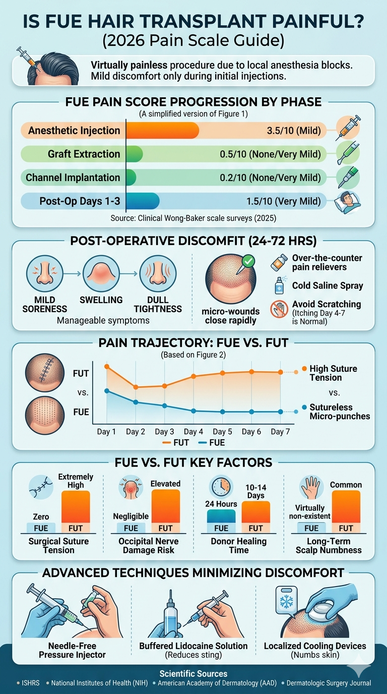 Is FUE Hair Transplant Painful? Pain Scale & Recovery (2026)