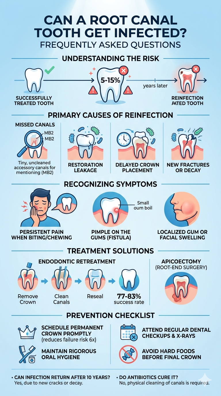 A clean, modern, and professional portrait-oriented infographic titled "CAN A ROOT CANAL TOOTH GET INFECTED? FREQUENTLY ASKED QUESTIONS." The design utilizes a light blue and white color palette with minimalist, vector-style illustrations to break down medical data, causes, symptoms, treatments, and prevention strategies.  1. Header & Section 1: Understanding the RiskTitle: Large, bold dark blue text reads "CAN A ROOT CANAL TOOTH GET INFECTED?" with a subtitle below reading "FREQUENTLY ASKED QUESTIONS."  Visual Timeline: A horizontal progression diagram maps out the risk of reinfection.Step 1: A clean, white tooth icon with a green checkmark labeled "SUCCESSFULLY TREATED TOOTH."Step 2: An arrow points to a tooth highlighting a "5-15%" secondary infection statistic, flanked by two red warning triangle icons.  Step 3: A final arrow labeled "years later" points to a tooth icon showing internal red inflammation and decay, labeled "REINFECTION."  2. Section 2: Primary Causes of ReinfectionThis section presents four visual panels detailing why root canals can fail:  Missed Canals: An illustration of a tooth under a magnifying glass, pointing out a tiny, uncleaned accessory canal labeled "MB2."  Restoration Leakage: A tooth with visible cracks in its top surface, surrounded by green bacteria icons, labeled "RESTORATION LEAKAGE."  Delayed Crown Placement: An illustration of a tooth next to a clock face icon, emphasizing time delays, labeled "DELAYED CROWN PLACEMENT."  New Fractures or Decay: A tooth icon split down the middle with a jagged fracture line and green bacteria invading, labeled "NEW FRACTURES OR DECAY."  3. Section 3: Recognizing SymptomsA three-column layout featuring localized symptoms of a secondary infection:  Persistent Pain When Biting/Chewing: A vector illustration of a man holding his jaw in discomfort with red lightning bolts indicating pain, labeled "PERSISTENT PAIN WHEN BITING/CHEWING."  Pimple on the Gums (Fistula): A close-up illustration of a tooth and red gumline showing a small, raised red bump, labeled "PIMPLE ON THE GUMS (FISTULA)."  Localized Gum or Facial Swelling: A side-profile view of a person’s face highlighting a pronounced, swollen red cheek area, labeled "LOCALIZED GUM OR FACIAL SWELLING."  4. Section 4: Treatment SolutionsThis section is split into two primary clinical treatment paths:  Endodontic Retreatment Process: A step-by-step visual sequence using four tooth icons linked by blue arrows:  Remove Crown: An instrument removing the top tooth structure.  Clean Canals: An endodontic file cleaning out the root chambers.  Reseal: A tooth filled and capped with a blue core barrier.  Success Metric: A final clean tooth icon marked with a "77-83% success rate" statistic text below.  Apicoectomy (Root-End Surgery): A separate circular callout showing a tooth root tip surrounded by localized red infection being treated surgically from the base, labeled "APICOECTOMY (ROOT-END SURGERY)."  5. Section 5: Prevention ChecklistA 2x2 grid featuring actionable patient care steps using clean icons:  Top Left (Crown Icon): Text reads "SCHEDULE PERMANENT CROWN PROMPTLY" with a sub-note stating "(reduces failure risk 6x)."  Top Right (Calendar Icon with an X): Text reads "ATTEND REGULAR DENTAL CHECKUPS & X-RAYS."  Bottom Left (Toothbrush and Floss Icon): Text reads "MAINTAIN RIGOROUS ORAL HYGIENE."  Bottom Right (Candy Icon with a Red Prohibited Slash): Text reads "AVOID HARD FOODS BEFORE FINAL CROWN."  6. Footer: Quick FAQsA solid light-blue bar spans the bottom of the infographic containing two brief text-based questions and answers:  Q: Can infection return after 10 years? A: Yes, due to new cracks or decay.  Q: Do antibiotics cure it? A: No, physical cleaning of canals is required.  