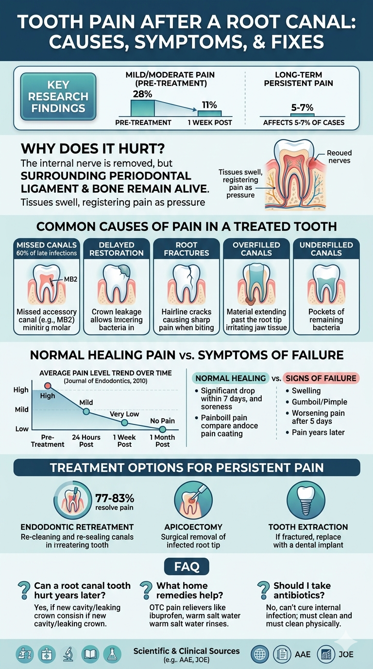 Infographic Title: Tooth Pain After a Root Canal: Causes & Fixes

Section 1: The Core Misconception
- Visual: An illustrative diagram of a tooth cross-section. The internal pulp chamber is highlighted as cleared out, but the surrounding periodontal ligament and jawbone area are highlighted in amber to show inflammation.
- Text: "Why does it still hurt? While the internal nerve is removed during a root canal, the surrounding periodontal ligament and bone tissue remain alive. Tissues around the root tip can still become inflamed and register pressure or pain."

Section 2: Statistical Trends & Timeline
- Visual: A clean line graph titled "Average Pain Level Trend Over Time".
- X-Axis Labels: Pre-Treatment, 24 Hours Post, 1 Week Post, 1 Month Post.
- Y-Axis Labels: High Pain, Mild Pain, Very Low, No Pain.
- Graph Trend: The line starts at "High Pain" pre-treatment, drops sharply to "Mild Pain" at 24 hours, slopes down to "Very Low" at 1 week, and flattens out to "No Pain" at 1 month.
- Sidebar Note: "Normal vs. Failure: 93% of patients experience a significant drop in pain within 7 days. Soreness during this initial window is a normal part of healing. Only 5% to 7% of cases experience long-term, persistent pain."

Section 3: Common Causes of Persistent Pain
- Visual: A clean vertical layout with four distinct vector icons (an hourglass, a cracked tooth, an over-extended arrow, and an incomplete line).
- Bullet Points:
  1. Missed Canals: Tiny accessory branches (like the MB2 canal) account for over 60% of late post-treatment infections if left uncleaned.
  2. Delayed Restoration: Delaying a permanent crown allows bacteria to leak back into the sterile space.
  3. Root Fractures: Hairline cracks in the root let bacteria contaminate the bone, causing sharp pain when biting.
  4. Overfilled or Underfilled Canals: Sealing material extending past the root tip causes irritation, while underfilling leaves active pockets of bacteria.

Section 4: Clinical Fixes & Solutions
- Visual: Three horizontal cards blocks, each with a minimalist action icon.
- Text Blocks:
  - Endodontic Retreatment: Opening the tooth, removing old filling material, re-cleaning, and re-sealing the canals. Resolves 77% to 83% of persistent cases.
  - Apicoectomy: A minor surgical procedure to remove the infected root tip directly if standard retreatment isn't viable.
  - Extraction & Implant: Used as a final resort if the root structure is fractured beyond repair.