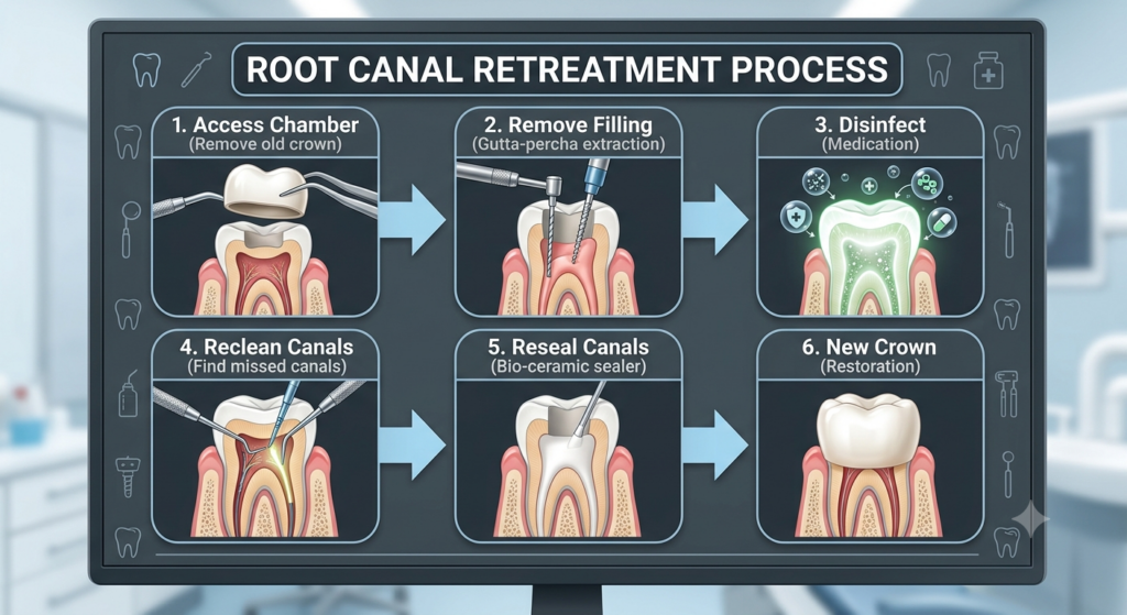 An educational medical infographic titled "ROOT CANAL RETREATMENT PROCESS" displayed on a dark grey, rectangular digital monitor screen. The background of the image subtly shows a bright, out-of-focus dental clinic setting. The monitor features thin decorative dental icons (like teeth, mirrors, and syringes) bordering its outer edges.The main content consists of six steps arranged in a $2 \times 3$ grid, with light blue arrows pointing sequentially from one step to the next. Each step features a cross-sectional illustration of a molar tooth embedded in pink gums, demonstrating a specific phase of the retreatment:Top Row (Steps 1–3)1. Access Chamber (Remove old crown): Dental tweezers and an explorer tool are lifting a white ceramic crown off the top of a molar, revealing the inner chamber.2. Remove Filling (Gutta-percha extraction): Two dental drills are inserted deep into the root canals of the molar to extract the old pink filling material.3. Disinfect (Medication): The tooth is illuminated with a bright green glow, surrounded by floating circular graphics containing shields, plus signs, and pill icons to represent antibacterial medication.Bottom Row (Steps 4–6)4. Reclean Canals (Find missed canals): Multiple fine dental probes are inserted into the complex root structure, with a bright yellow light highlighting a previously missed canal branch.5. Reseal Canals (Bio-ceramic sealer): A specialized dental tool applies a smooth, white bio-ceramic sealing paste into the cleaned and prepared internal cavity.6. New Crown (Restoration): A pristine, shiny new white crown sits perfectly secured on top of the fully restored and sealed tooth.