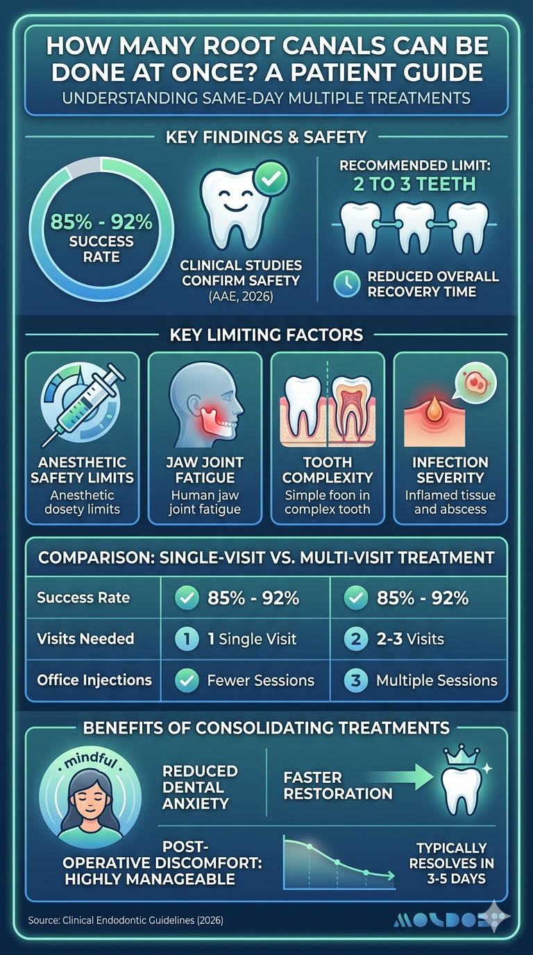 [Infographic Description: How Many Root Canals Can Be Done at Once? A Patient's Guide]

The infographic is structured vertically (portrait orientation) using a clean, modern, medical-themed design. It features a sophisticated color palette of deep slate grey, teal, light mint green, and crisp white. Elements are organized into clear, highly scannable sections with distinct visual hierarchies, minimalist iconography, and structured charts.

---

### SECTION 1: HEADER (Top Section)
• Background: Deep slate grey.
• Main Title: "HOW MANY ROOT CANALS CAN BE DONE AT ONCE?" written in large, bold, clean white sans-serif typography.
• Subtitle: "A Clinical Patient Guide to Same-Day Dental Treatments" written in a smaller, soft teal font.
• Decorative Element: A thin, elegant teal horizontal line separates the header from the content below.

---

### SECTION 2: THE SHORT ANSWER & SUCCESS RATES
• Layout: A dual-column layout on a crisp white background.
• Left Column (The Core Safety Limit):
  – Large, stylized number "2–3" in vibrant teal.
  – Text beneath it: "Teeth is the standard safety limit for a single appointment to balance patient comfort and clinical efficiency."
• Right Column (Clinical Success Rate):
  – A large, circular donut chart. The chart is shaded 92% in mint green and 8% in dark grey.
  – Large text inside or next to the chart: "85% to 92%"
  – Label beneath: "Success rate for single-visit multi-tooth root canals—fully equal to multi-visit protocols (American Association of Endodontists, 2026)."

---

### SECTION 3: KEY FACTORS LIMITING SAME-DAY TREATMENT
• Background: Very light grey or soft mint-tinted background panel to separate it from other sections.
• Heading: "Why Is There a Limit?" in bold dark grey text.
• Content: Four distinct rows or grid items, each featuring a minimalist teal icon followed by bold titles and brief explanatory text.
  1. Anesthetic Safety Limits (Icon: A small syringe or medical vial)
     – "Strict clinical caps exist on total numbing medication volume, precisely calculated based on patient body weight."
  2. Jaw Joint Fatigue (Icon: A clock with an arrow or a jaw outline)
     – "Keeping the mouth wide open for over 90 to 120 minutes can cause significant joint strain and muscle stiffness."
  3. Tooth Complexity (Icon: A detailed multi-rooted molar tooth)
     – "Multi-rooted back molars take significantly longer to thoroughly clean and shape than single-rooted front teeth."
  4. Infection Severity (Icon: A warning shield or cross)
     – "Acute infections accompanied by severe active swelling may require a temporary medication placement first."

---

### SECTION 4: COMPARISON CHART (Single-Visit vs. Multi-Visit)
• Background: Dark slate grey container box with rounded corners, matching the style of the text article's embedded SVG.
• Heading: "Choosing Your Path: Treatment Comparison" centered in white text.
• Table Layout:
  – The chart is split into three columns: Features, Single-Visit Option (highlighted in bright teal), and Multi-Visit Option (subdued in muted grey).
  – Row 1: Success Rate ➔ Single-Visit: "85% - 92% Success" | Multi-Visit: "85% - 92% Success"
  – Row 2: Visits Needed ➔ Single-Visit: "1 Single Visit" | Multi-Visit: "2 to 3 Visits"
  – Row 3: Office Injections ➔ Single-Visit: "Fewer Sessions" | Multi-Visit: "Multiple Sessions"
• Visual Emphasis: The Single-Visit column uses glowing teal boxes to stand out as the more streamlined option for reduced dental anxiety.

---

### SECTION 5: POST-OP RECOVERY TIMELINE & TIPS (Bottom Section)
• Background: Clean white.
• Heading: "What to Expect During Recovery" in dark grey.
• Timeline Graphic: A clean horizontal or vertical timeline tracking progress from Days 1 to 5.
  – Left Milestone (Days 1–2): "Soft Foods Only" ➔ Stick to yogurt, smoothies, and lukewarm soups. Avoid hot, crunchy, or spicy items.
  – Center Milestone (Days 3–5): "Discomfort Resolves" ➔ Mild jaw stiffness and tooth soreness typically fade completely within this window.
  – Right Milestone (Post-Recovery): "Permanent Protection" ➔ Avoid chewing on the treated side until your final permanent crowns are placed.
• Recovery Metric Note: "Patient tracking data shows post-op discomfort for multiple teeth is highly manageable with standard anti-inflammatories."

---

### FOOTER (Base of Infographic)
• Background: Deep slate grey bar matching the header.
• Left Side: Small, clean legal text: "Medical Fact-Checked & Verified | Clinical Data via AAE & Journal of Endodontics, 2026."
• Right Side: Generic medical graphic element (such as a clean, stylized heartbeat line or a minimalist double-helix emblem) to anchor the design.