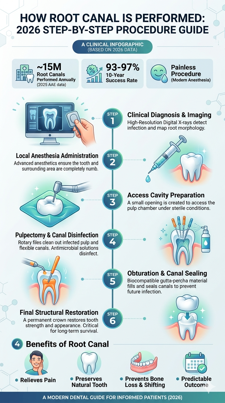 ### Infographic Overview
A clean, professional, and modern dental infographic in portrait orientation titled "HOW ROOT CANAL IS PERFORMED: 2026 STEP-BY-STEP PROCEDURE GUIDE" with the subtitle "A CLINICAL INFOGRAPHIC (BASED ON 2026 DATA)". The color palette consists of sterile light blues, teals, and white accents, featuring clear icons, illustrations, and numbered steps aligned along a central vertical timeline. 

### Header Stat Bar
Directly below the main title, three horizontal blocks display quick clinical metrics:
*   Block 1: An icon of a dental clinic alongside a tooth reads "~15M Root Canals Performed Annually (2025 AAE data)".
*   Block 2: An icon showing a percentage sign and an upward-trending bar graph reads "93-97% 10-Year Success Rate".
*   Block 3: A smiling face icon reads "Painless Procedure (Modern Anesthesia)".

### Central Step-by-Step Timeline
A vertical blue line runs down the center of the infographic, guiding the reader through six distinct, numbered procedural steps. Each step features a title, a short descriptive blurb, and a clean medical illustration.

*   Step 1: Clinical Diagnosis & Imaging
    *   Position: Text on the right, illustration on the left.
    *   Description: "High-Resolution Digital X-rays detect infection and map root morphology."
    *   Illustration: A hand holding a digital dental X-ray sensor next to a computer monitor displaying a crisp digital radiograph of a tooth's root structure.
*   Step 2: Local Anesthesia Administration
    *   Position: Text on the left, illustration on the right.
    *   Description: "Advanced anesthetics ensure the tooth and surrounding area are completely numb."
    *   Illustration: A medical syringe injecting a drop of local numbing solution into the gums right beside a tooth.
*   Step 3: Access Cavity Preparation
    *   Position: Text on the right, illustration on the left.
    *   Description: "A small opening is created to access the pulp chamber under sterile conditions."
    *   Illustration: A high-speed dental drill operating on the chewing surface of a molar isolated cleanly by a teal rubber dental dam.
*   Step 4: Pulpectomy & Canal Disinfection
    *   Position: Text on the left, illustration on the right.
    *   Description: "Rotary files clean out infected pulp and flexible canals. Antimicrobial solutions disinfect."
    *   Illustration: A cross-section of a tooth showing tiny, colored flexible endodontic files cleaning out the root canals, accompanied by an antimicrobial spray bottle.
*   Step 5: Obturation & Canal Sealing
    *   Position: Text on the right, illustration on the left.
    *   Description: "Biocompatible gutta-percha material fills and seals canals to prevent future infection."
    *   Illustration: A tool packing heated, orange gutta-percha material into the exposed, cleaned nerve chamber of a tooth cross-section.
*   Step 6: Final Structural Restoration
    *   Position: Text on the left, illustration on the right.
    *   Description: "A permanent crown restores tooth strength and appearance. Critical for long-term survival."
    *   Illustration: A clean, white custom dental crown being lowered into place onto a prepared tooth base.

### Footer Section: Benefits
The bottom segment is titled "4 Benefits of Root Canal" and highlights four key patient outcomes arranged horizontally, each featuring a dedicated icon in a circular light-blue badge:
1.  Relieves Pain: An icon of a smiling man lightly touching his cheek.
2.  Preserves Natural Tooth: An icon of a healthy, isolated white tooth.
3.  Prevents Bone Loss & Shifting: An icon of a full set of teeth securely anchored inside healthy pink gums.
4.  Predictable Outcome: An icon of a calendar with a green checkmark over it.

### Footer Banner
A solid dark teal bar at the very bottom seals the infographic with the closing text: "A MODERN DENTAL GUIDE FOR INFORMED PATIENTS (2026)".