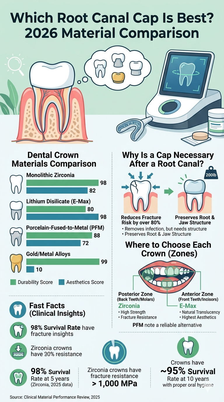 Infographic Title: Which Root Canal Cap Is Best? Material Comparison Guide

[Header Section]
- Text: Which Root Canal Cap Is Best? Material Comparison Guide
- Subtitle: A clinical look at performance, aesthetics, and structural durability.

---

[Section 1: Why Is a Cap Necessary?]
- Graphic/Icon: A structural arch shield protecting a stylized tooth.
- Key Stat 1: Placed after a root canal, a crown reduces the risk of tooth fracture by over 80%.
- Explanatory Note: Removing the infected pulp also removes the blood supply, making the remaining tooth structure brittle. A crown evenly distributes biting forces, preventing the tooth from splitting under normal chewing pressure.

---

[Section 2: Material Performance Overview]
A grouped comparison chart rating the durability and aesthetic scores of the four primary dental crown materials (on a scale of 0 to 100):

1. Monolithic Zirconia
   - Durability Score: 98
   - Aesthetics Score: 82
   - Key Feature: High fracture resistance, biocompatible, ideal for back teeth.

2. E-Max (Lithium Disilicate Ceramic)
   - Durability Score: 80
   - Aesthetics Score: 98
   - Key Feature: Highest aesthetic realism, mimics natural enamel translucency, top choice for front teeth.

3. PFM (Porcelain-Fused-to-Metal)
   - Durability Score: 88
   - Aesthetics Score: 72
   - Key Feature: Traditional strength with a metal core, but can leave a dark line at the gumline.

4. Gold Alloy
   - Durability Score: 99
   - Aesthetics Score: 10
   - Key Feature: Ultimate durability, requires minimal enamel removal, lacks natural tooth coloring.

---

[Section 3: Clinical Material Comparison]

| Material | Best Zone / Placement | Primary Benefit | Fracture Resistance / Survival |
| :--- | :--- | :--- | :--- |
| **Monolithic Zirconia** | Posterior Zone (Molars & Premolars) | Virtually indestructible; prevents cracks and chips under heavy bite forces. | Exceeds 1,000 MPa; < 1% fracture rate over 5 years. |
| **E-Max (Ceramic)** | Anterior Zone (Front Incisors & Canines) | High aesthetic precision; blends seamlessly with natural teeth under all lighting. | Outstanding beauty; ideal balance of aesthetic realism and everyday wear. |
| **PFM (Metal-Ceramic)** | Posteriors (Budget Alternative) | Proven, strong traditional substructure. | Reliable longevity, but carries a 4% chipping rate over 5 years. |

---

[Section 4: Clinical Lifespan & Timeline Success]
- Graphic/Timeline Workflow:
  - Phase 1: Post-Treatment Timing -> Crown placement within 2 to 4 weeks after a root canal. Teeth restored within 30 days show a 6-fold lower failure rate over 10 years.
  - Phase 2: Long-Term Longevity -> Dental crowns achieve a 95% survival rate at 10 years with proper oral hygiene.
- Maintenance Tips: Avoid new decay at the crown seam by maintaining consistent brushing, flossing, and using a custom nightguard if you grind your teeth.

---

[Section 5: Fast FAQ]
- Q: Is a zirconia cap better than PFM?
  - A: Yes. Zirconia is metal-free, lacks a dark gumline edge, and features a fracture rate below 1% compared to PFM’s 4% chipping rate.
- Q: Does getting a cap hurt?
  - A: No. The tooth is completely numbed with local anesthesia. Over 95% of patients report a pain-free preparation and fitting process.
- Q: How long do I wait to get the cap?
  - A: Aim for 2 to 4 weeks. Delaying the cap leaves the hollowed tooth vulnerable to structural failure or reinfection.