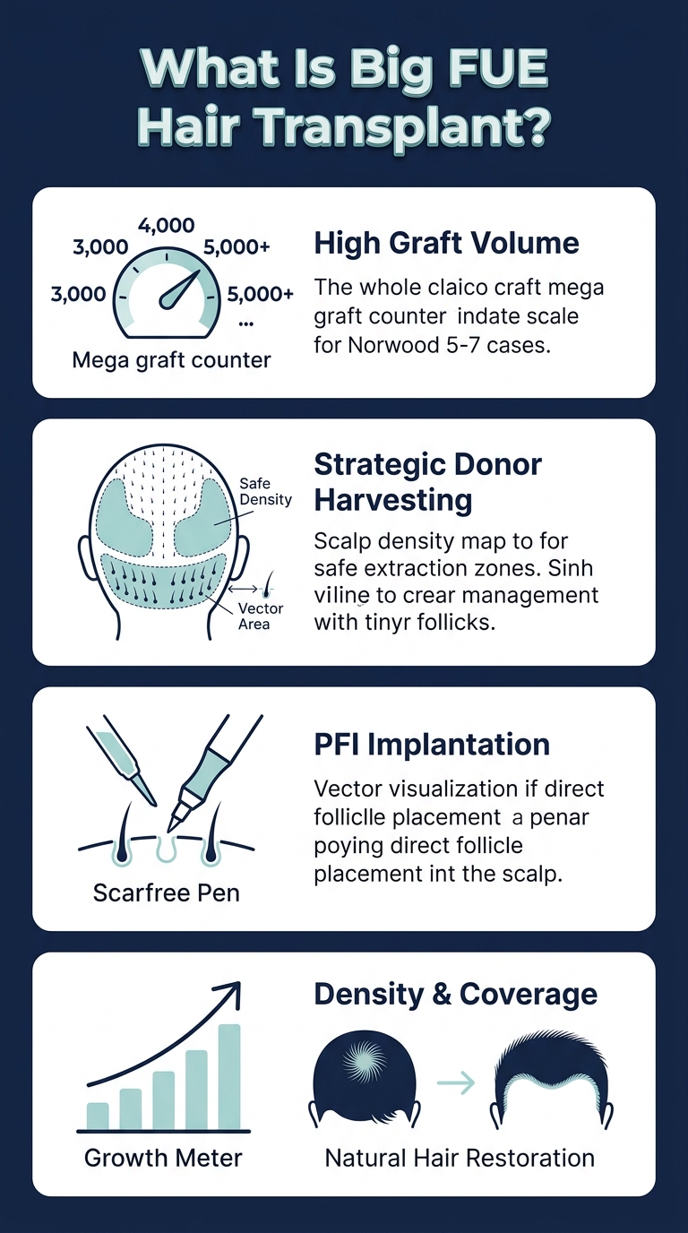 Infographic - What Is a Big FUE Hair Transplant? Mega Sessions, Graft Volume & PFI Guide