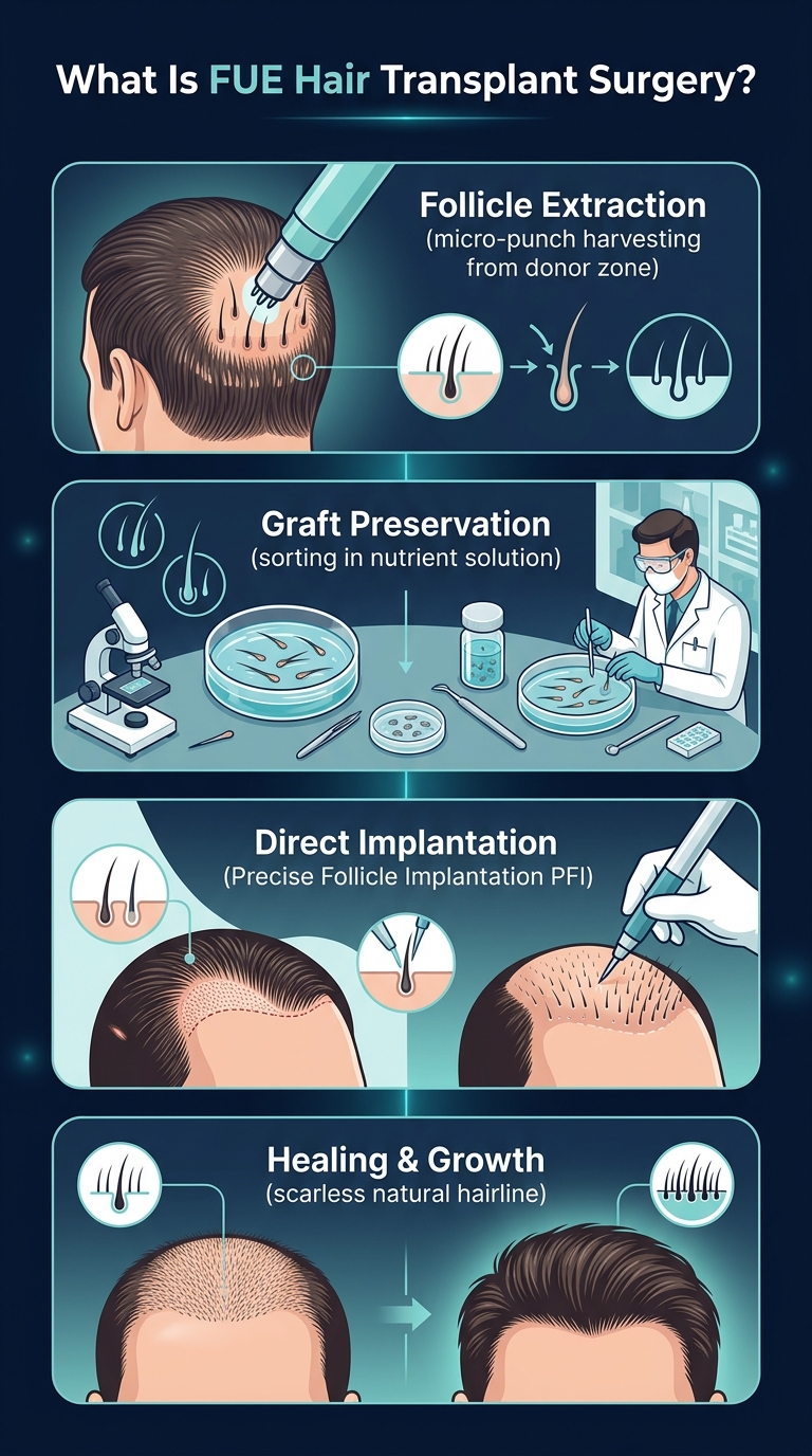 Infographic - What Is FUE Hair Transplant Surgery? Step-by-Step Procedure, PFI Technique & Recovery