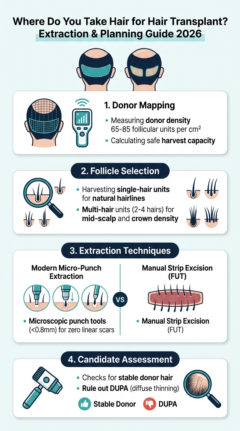 Infographic - Where Do You Take Hair for Hair Transplant? Candidate & Extraction Guide 2026