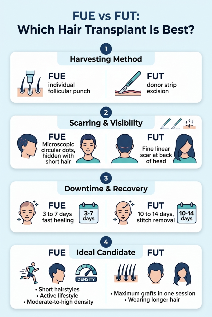 Infographic - Which Hair Transplant Is Best: FUE or FUT? (2026 Comparison Guide)