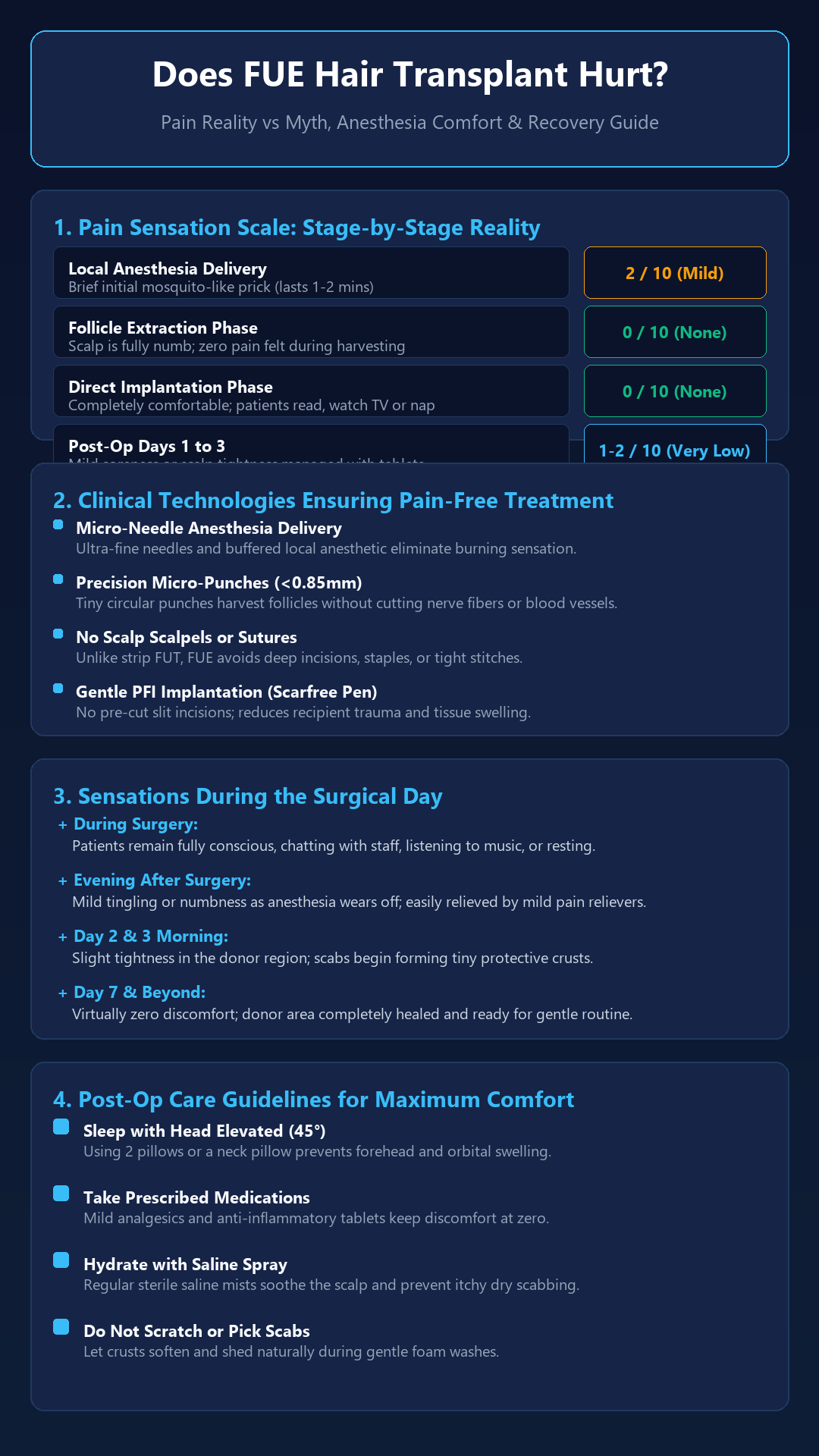 Infographic - Does FUE Hair Transplant Hurt? Pain Levels, Anesthesia & Recovery Reality