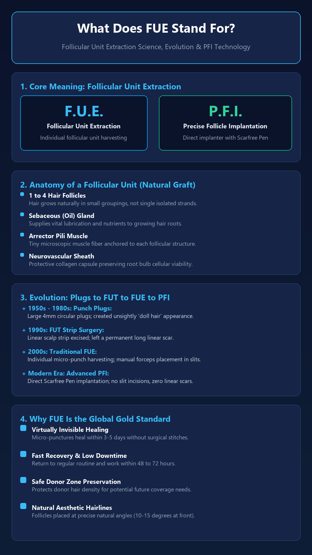 Infographic - What Does FUE Hair Transplant Stand For? Definition, Science & PFI Evolution