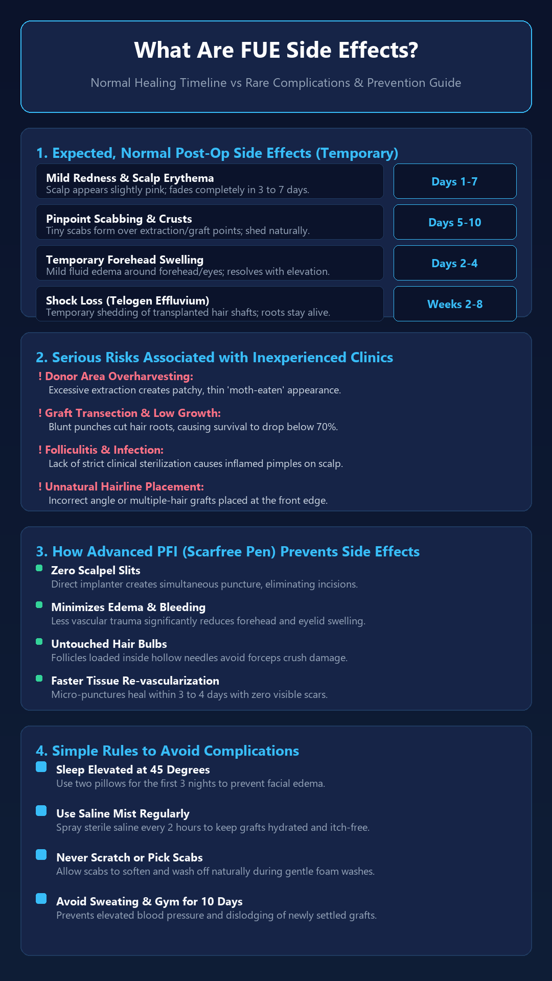 Infographic - What Are FUE Hair Transplant Side Effects? Normal Healing vs. Rare Risks Guide