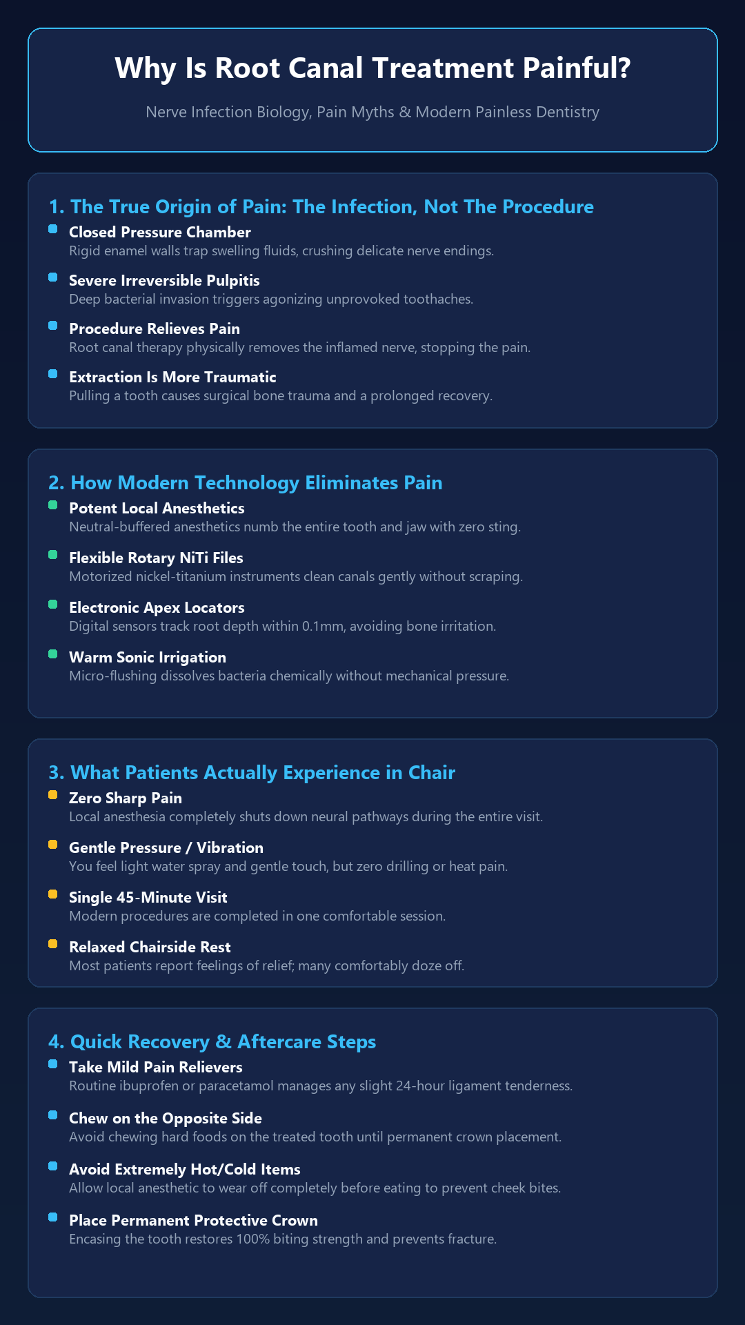 Infographic - Why Is Root Canal Treatment Painful? Biological Facts, Anesthesia & Modern Pain-Free Care