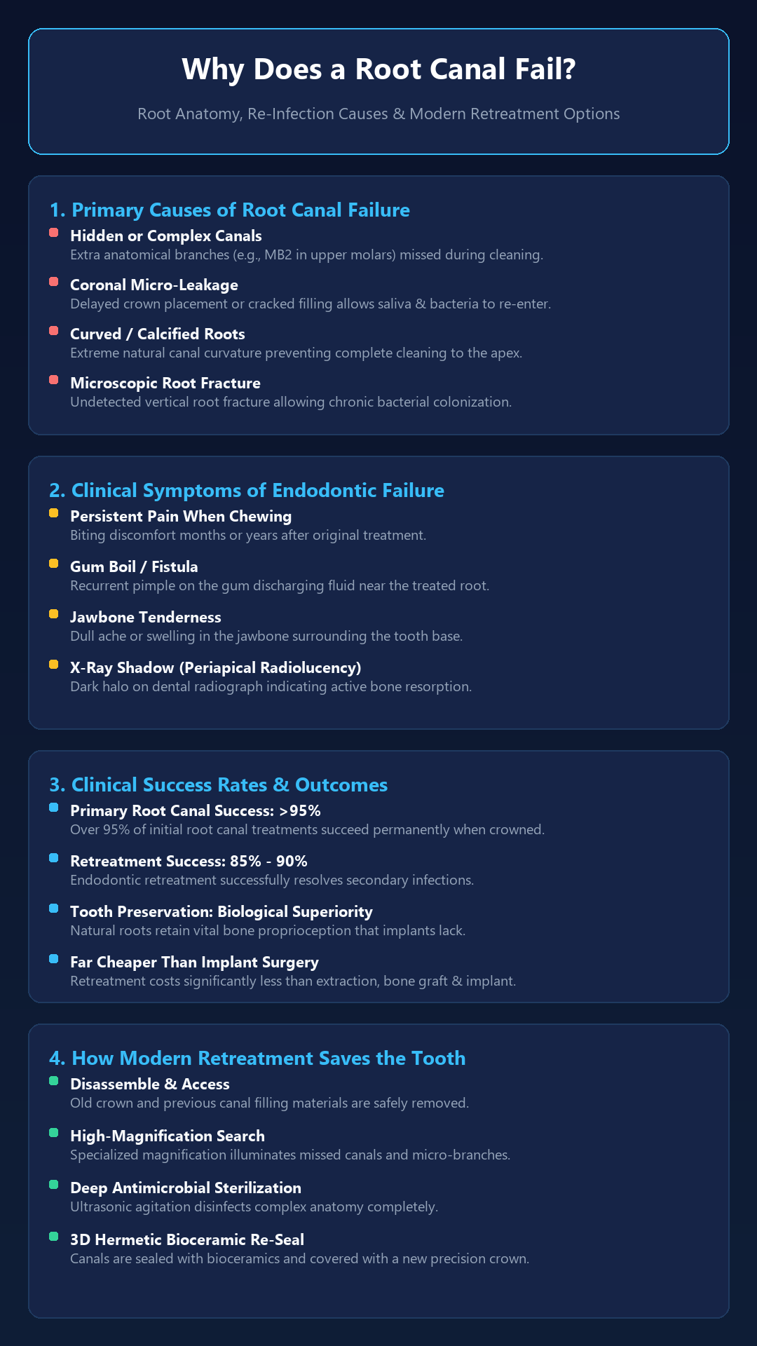 Infographic - Why Does a Root Canal Fail? Root Anatomy, Hidden Canals, Warning Signs & Retreatment Guide